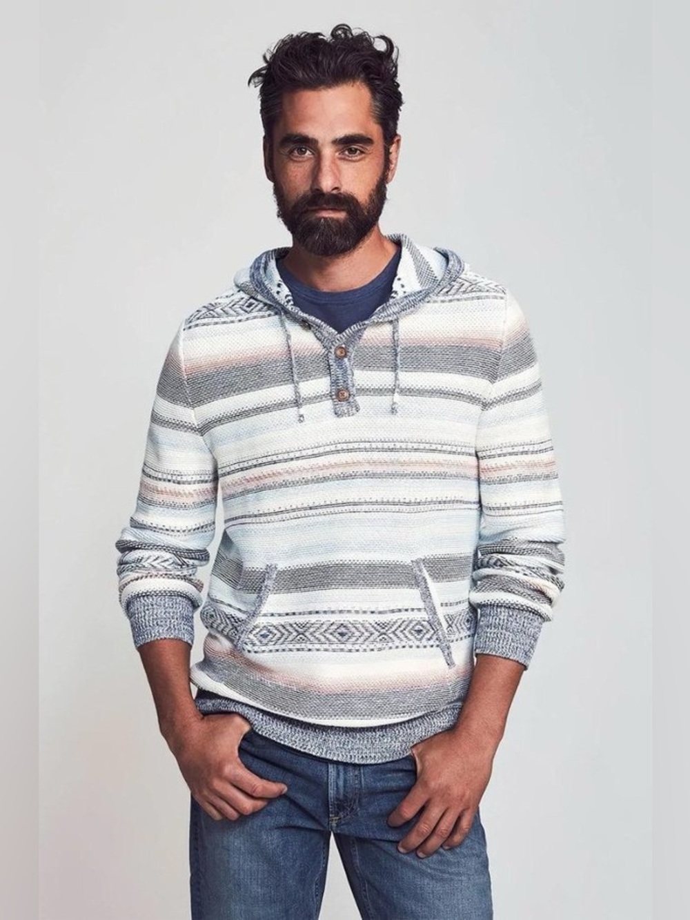 Faherty Cove Striped Hoodie Sweater in Light Gray, Pink Cream knit casual preppy